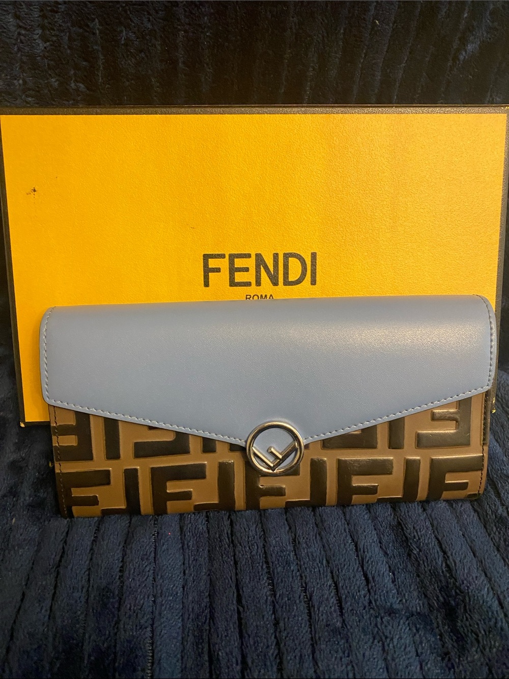 Fendi Blue and Brown FF Logo Continental Wallet with Signature Circle Clasp